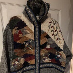Handmade Heavy Wool Knit Embroidered Jacket Cardigan Sweater, Size Medium Large